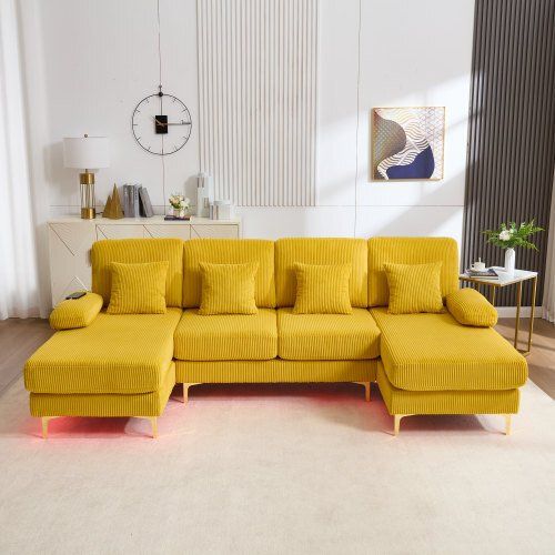 Canapé D'angle U 265x135 Cm Velours Jaune, LED D'ambiance, Port USB, Cadre Massif