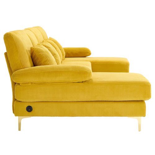 Canapé D'angle U 265x135 Cm Velours Jaune, LED D'ambiance, Port USB, Cadre Massif