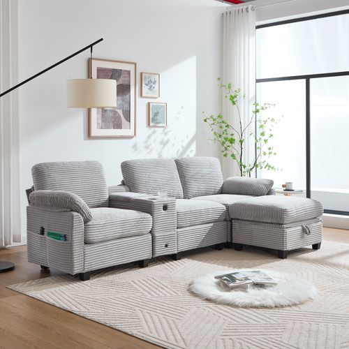 Canapé 3 Places 266x136x82 Cm Velours Côtelé Gris Clair, Console Coulissante Et Hocker Coffre