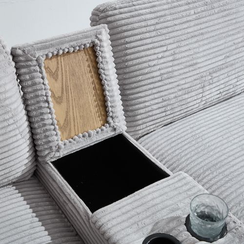 Canapé 3 Places 266x136x82 Cm Velours Côtelé Gris Clair, Console Coulissante Et Hocker Coffre