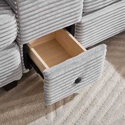 Canapé 3 Places 266x136x82 Cm Velours Côtelé Gris Clair, Console Coulissante Et Hocker Coffre