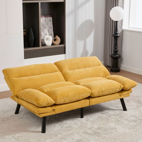 Canapé-lit 165x90x76 Cm En Chenille Jaune Moutarde, Dossiers Et Accoudoirs Réglables, Pieds Métal