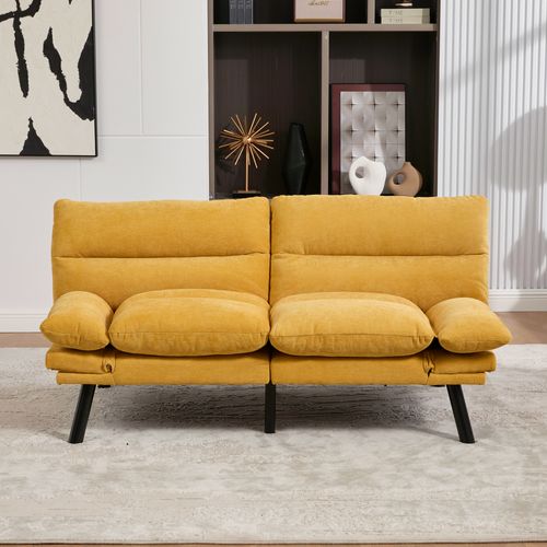 Canapé-lit 165x90x76 Cm En Chenille Jaune Moutarde, Dossiers Et Accoudoirs Réglables, Pieds Métal