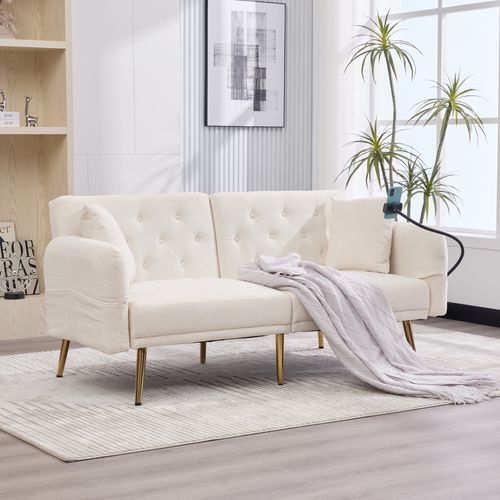 Canapé-lit 173x78 Cm En Chenille Beige, Dossier 3 Positions (105°/140°/180°), Ports USB Intégrés