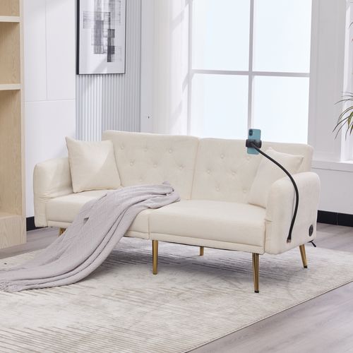 Canapé-lit 173x78 Cm En Chenille Beige, Dossier 3 Positions (105°/140°/180°), Ports USB Intégrés