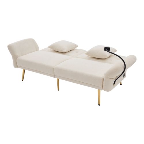 Canapé-lit 173x78 Cm En Chenille Beige, Dossier 3 Positions (105°/140°/180°), Ports USB Intégrés