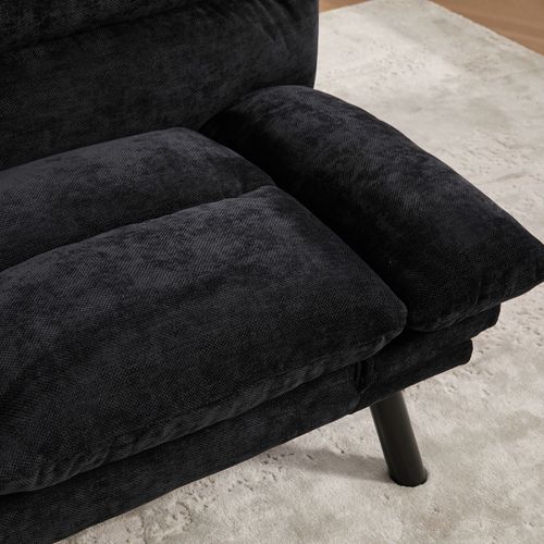 Canapé-lit 165x90 Cm Chenille Noir, Convertible 2 Places, Dossier/accoudoirs Réglables, Pieds Métal