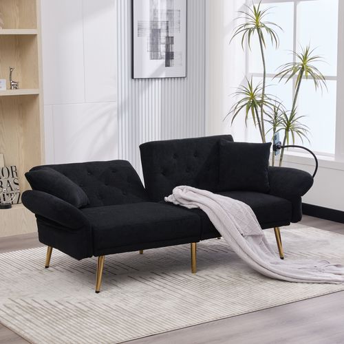 Canapé-lit 173x78 Cm En Tissu Chenille Noir, Dossier 3 Positions, Porte-téléphone Et 2 Ports USB