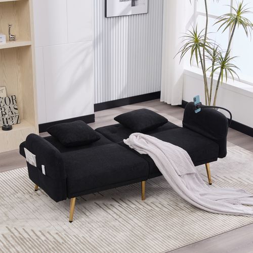 Canapé-lit 173x78 Cm En Tissu Chenille Noir, Dossier 3 Positions, Porte-téléphone Et 2 Ports USB