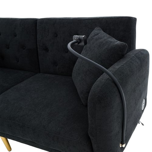 Canapé-lit 173x78 Cm En Tissu Chenille Noir, Dossier 3 Positions, Porte-téléphone Et 2 Ports USB
