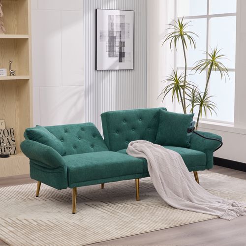 Canapé-lit 2Places 173x78 Cm En Chenille Émeraude,Dossier 3 Positions,Rangement Latéral Et Ports USB