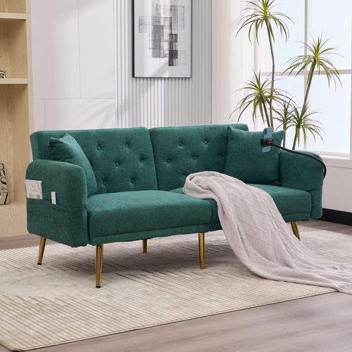 Canapé-lit 2Places 173x78 Cm En Chenille Émeraude,Dossier 3 Positions,Rangement Latéral Et Ports USB