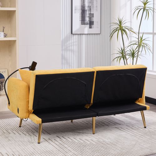 Canapé-lit 2 Places 173x78 Cm Chenille Jaune, Dossier 3 Positions, Ports USB, Poche Et 6 Pieds Métal