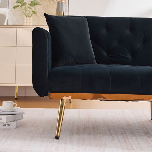 Canapé-lit Adulte 165x72,5 Cm En Velours Noir, Dossier 3 Positions Et Pieds Métal Doré Élégants