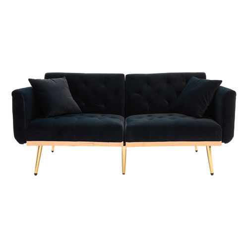 Canapé-lit Adulte 165x72,5 Cm En Velours Noir, Dossier 3 Positions Et Pieds Métal Doré Élégants