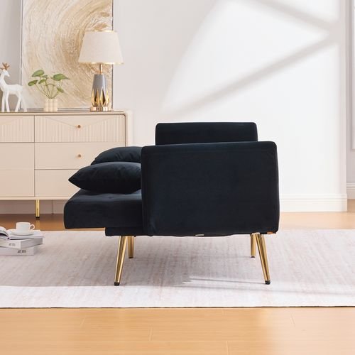 Canapé-lit Adulte 165x72,5 Cm En Velours Noir, Dossier 3 Positions Et Pieds Métal Doré Élégants