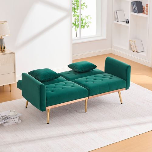 Canapé 3 Places 165x72,5 Cm En Velours Émeraude, Dossier 3 Positions Et Pieds Métal Doré