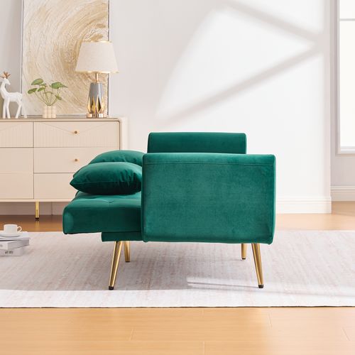 Canapé 3 Places 165x72,5 Cm En Velours Émeraude, Dossier 3 Positions Et Pieds Métal Doré