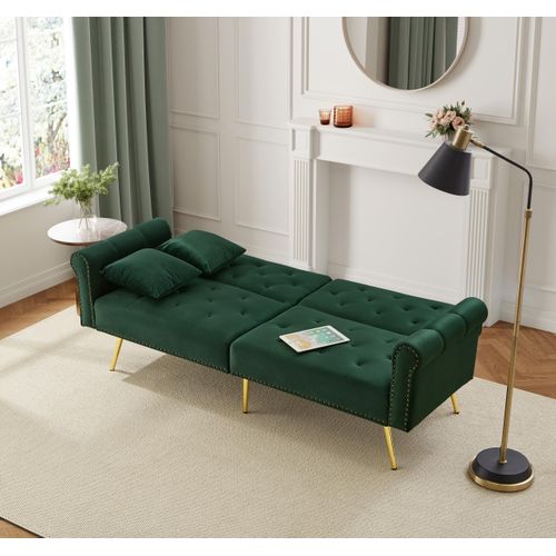 Canapé-lit 147x85 Cm En Velours Vert Antique, Dossiers Indépendants 3 Positions, Pieds Métal Doré