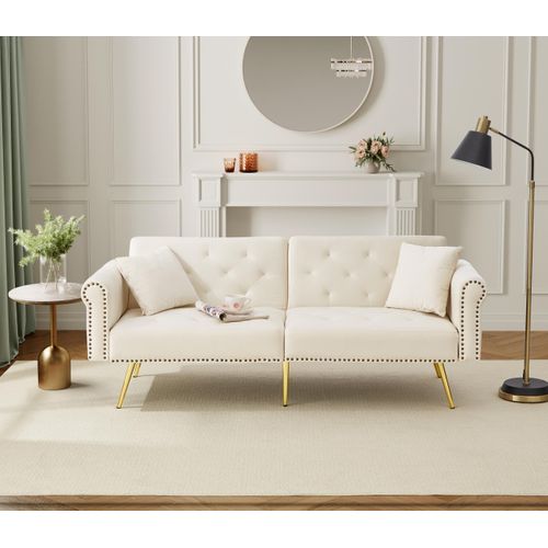 Canapé-lit D'appoint 147x85 Cm En Velours Beige, Dossier 3 Positions Indépendant, Pieds Métal Doré