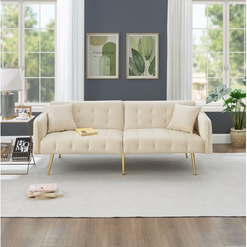 Canapé 215x81,5 Cm Velours Beige, Convertible Avec Dossiers Indépendants Et Accoudoirs 6 Positions