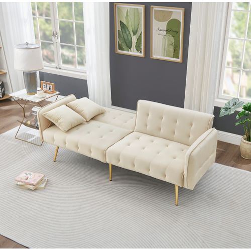 Canapé 215x81,5 Cm Velours Beige, Convertible Avec Dossiers Indépendants Et Accoudoirs 6 Positions