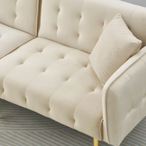 Canapé 215x81,5 Cm Velours Beige, Convertible Avec Dossiers Indépendants Et Accoudoirs 6 Positions