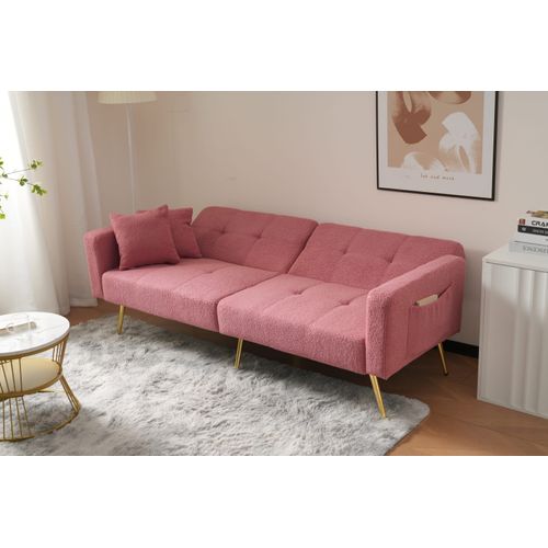 Canapé-lit D'appoint 175x64 Cm En Sherpa Rose, Pieds Dorés, Dossier Réglable 105°-180° Confortable