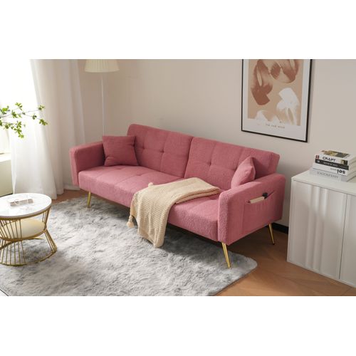 Canapé-lit D'appoint 175x64 Cm En Sherpa Rose, Pieds Dorés, Dossier Réglable 105°-180° Confortable