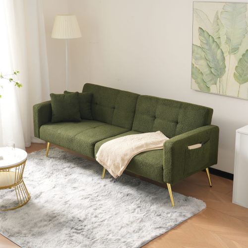 Canapé-lit 175x64 Cm En Tissu Sherpa Vert, Dossier Inclinable 105°–180° Élégant Et Pieds Dorés