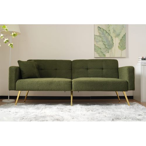 Canapé-lit 175x64 Cm En Tissu Sherpa Vert, Dossier Inclinable 105°–180° Élégant Et Pieds Dorés