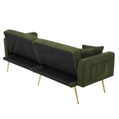 Canapé-lit 175x64 Cm En Tissu Sherpa Vert, Dossier Inclinable 105°–180° Élégant Et Pieds Dorés