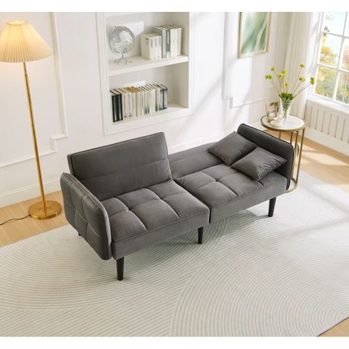 Canapé-lit D'appoint 2 Places En Velours Gris Antique, Dossiers Réglables Et Accoudoirs Pliants