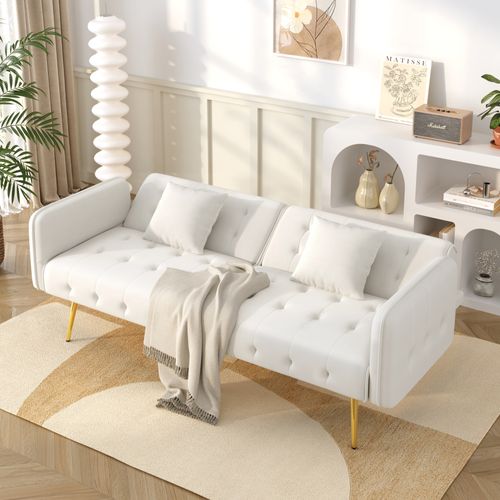 Canapé-lit 215x81,5 Cm En Velours Blanc Ancien, Dossier Et Accoudoirs Multi‑positions, 2‑en‑1