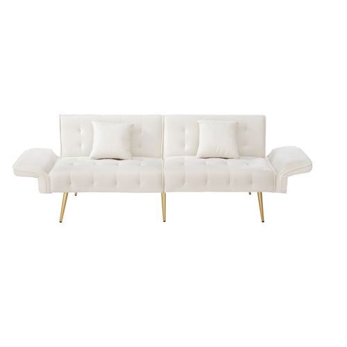 Canapé-lit 215x81,5 Cm En Velours Blanc Ancien, Dossier Et Accoudoirs Multi‑positions, 2‑en‑1