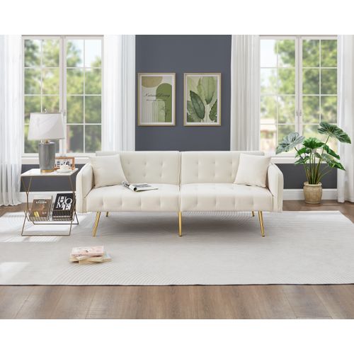 Canapé-lit 215x81,5 Cm En Velours Blanc Ancien, Dossier Et Accoudoirs Multi‑positions, 2‑en‑1