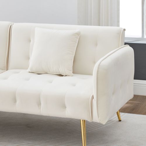 Canapé-lit 215x81,5 Cm En Velours Blanc Ancien, Dossier Et Accoudoirs Multi‑positions, 2‑en‑1