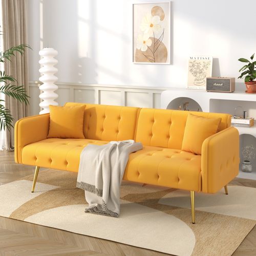 Canapé Convertible 215x81,5 Cm En Velours Jaune