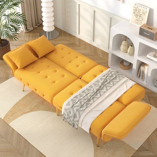 Canapé Convertible 215x81,5 Cm En Velours Jaune