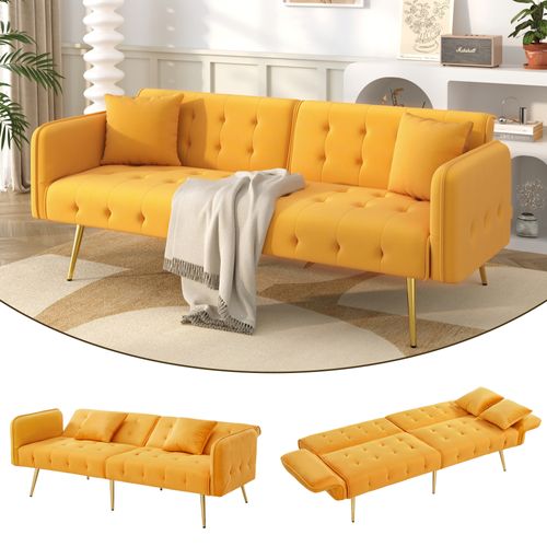Canapé Convertible 215x81,5 Cm En Velours Jaune