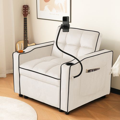 Canapé-lit D'appoint 83x167x76 Cm Velours Beige 3-en-1 Inclinable Avec Porte-gobelets Et Poche