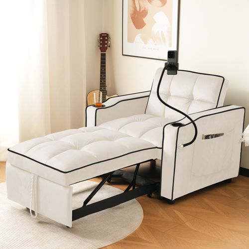 Canapé-lit D'appoint 83x167x76 Cm Velours Beige 3-en-1 Inclinable Avec Porte-gobelets Et Poche