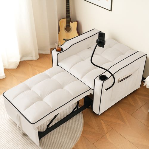 Canapé-lit D'appoint 83x167x76 Cm Velours Beige 3-en-1 Inclinable Avec Porte-gobelets Et Poche