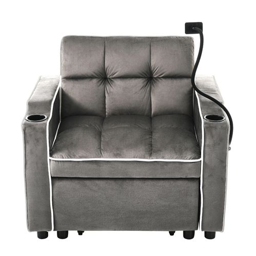 Fauteuil D'appoint 83x167x76 Cm En Velours Gris Foncé, 3-en-1 Avec Porte-gobelets Et Poche