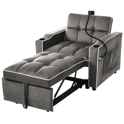 Fauteuil D'appoint 83x167x76 Cm En Velours Gris Foncé, 3-en-1 Avec Porte-gobelets Et Poche