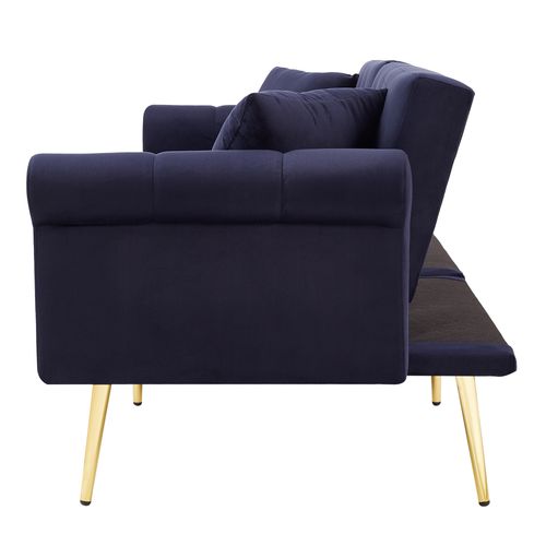 Canapé-lit 147x85 Cm En Velours Bleu Antique, Dossier Double 3 Positions Et Pieds Métal Doré