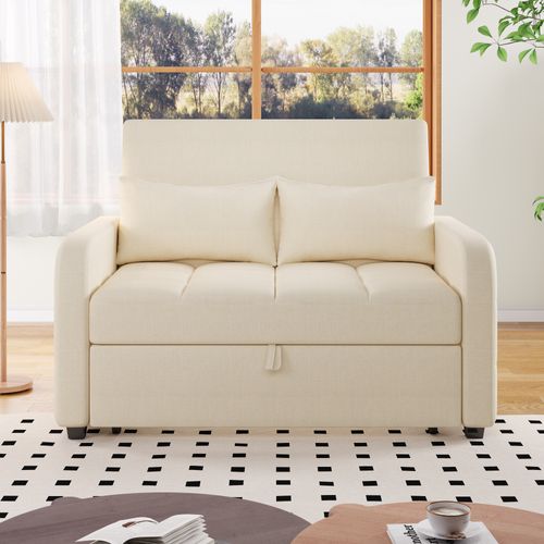 Canapé Convertible 180x110 Cm Transformable En Assise, Tissu Coton-lin Beige