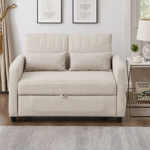 Canapé Convertible 166x95 Cm En Tissu Coton-lin Beige