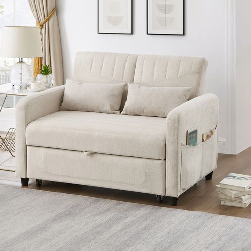 Canapé Convertible 166x95 Cm En Tissu Coton-lin Beige