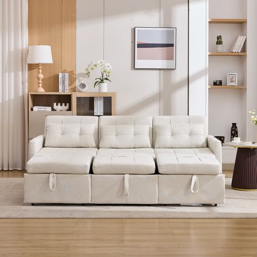 Canapé Convertible 200x87x84,5 Cm 3 Places En Tissu Beige
